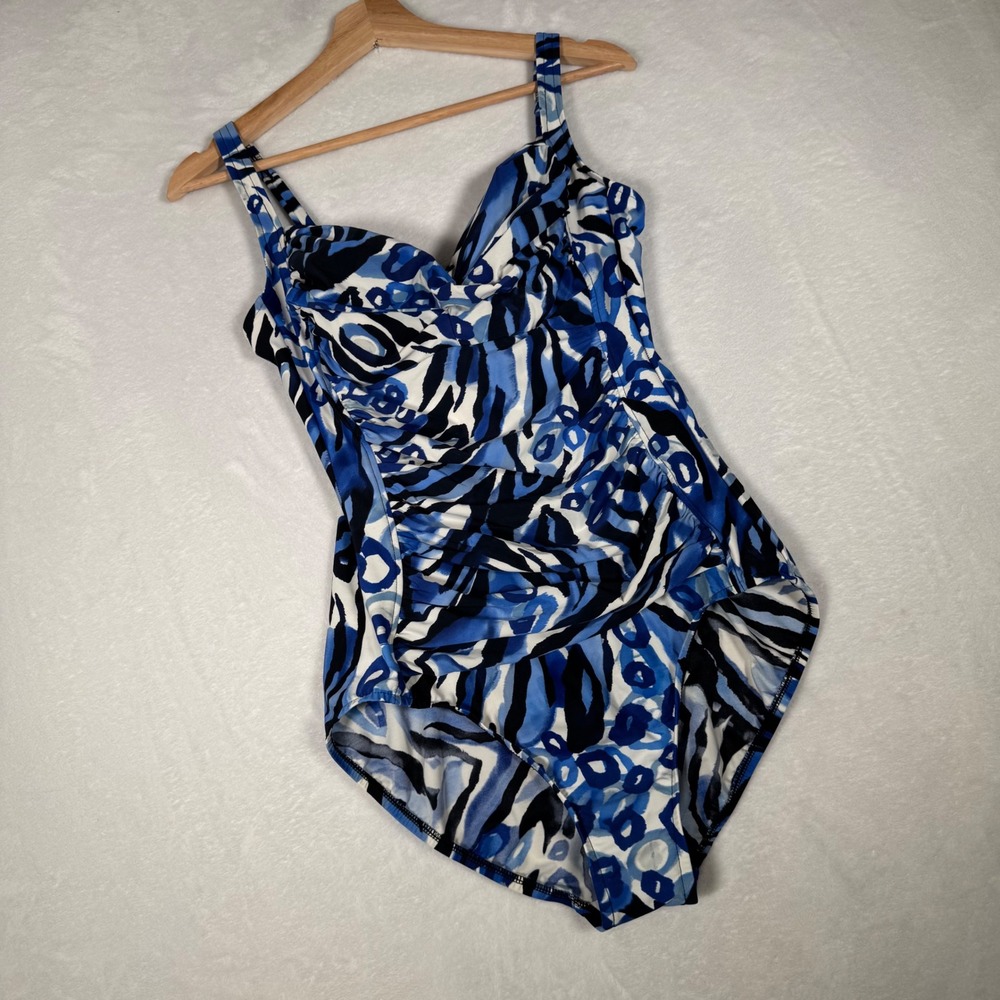 Magicsuit Swimsuit Womens 14 Blue White Abstract Ruched One Piece 369521 Slim